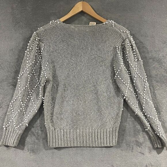 Vintage 80s Basilio M. Pearl Beaded Knit Sweater Long Sleeve Gray Gannycore Sz L - Picture 6 of 7
